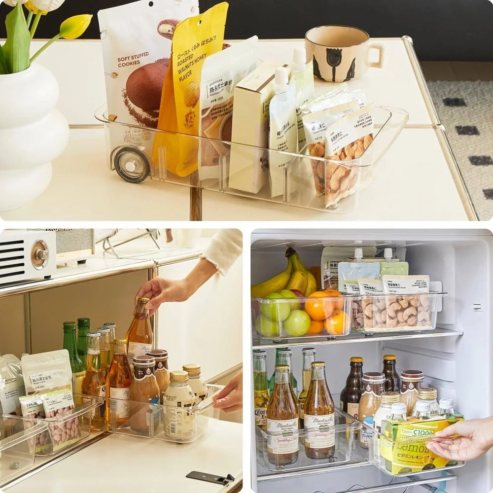 Set of 2 Clear Rolling Fridge‎ Cabinet Organizer Bins with Adjustable Dividers